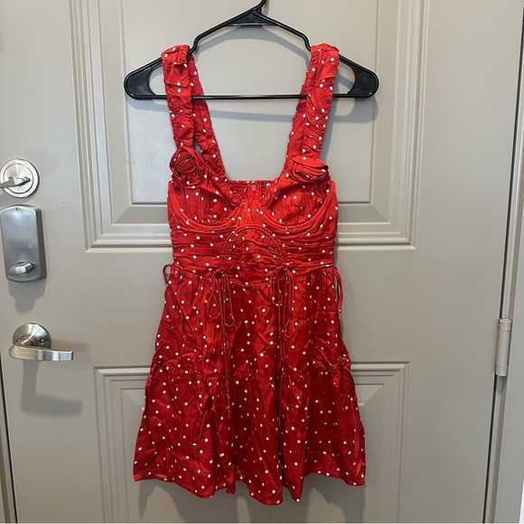 NWT For Love & Lemons Willa Mini Dress Size XXS Red Polka Dot Rosette Bows - Picture 2 of 11